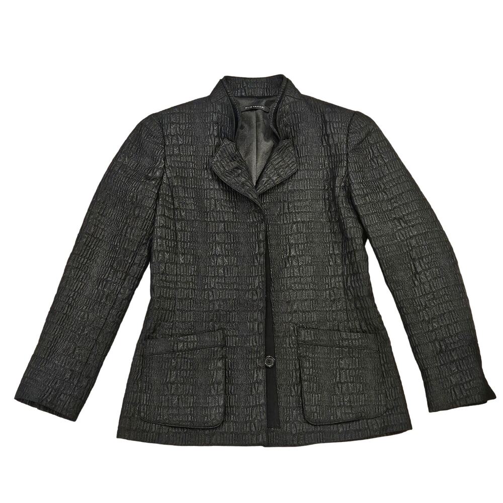 Elie Tahari Blazer Size 2 Black Shimmer Crinkled Jacquard‎ Hidden Button Jacket
